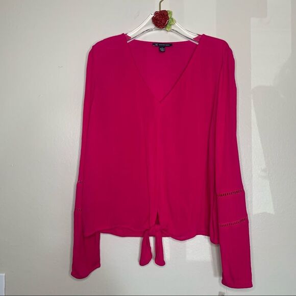 INC brand Women's Gauze Tie-Front Top Fuchsia Long-sleeves NWT Small - Picture 2 of 8